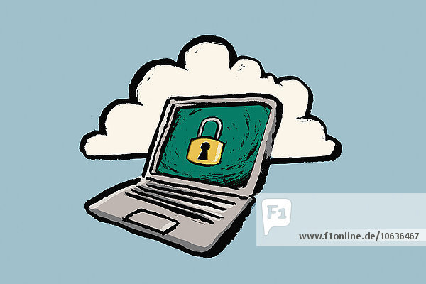 Abbildung des Laptops mit Vorhängeschloss und Wolke vor blauem Hintergrund