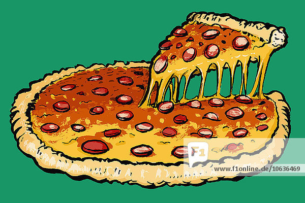 Illustration von frischer Pizza vor grünem Hintergrund