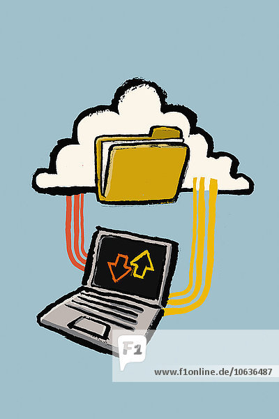 Abbildung eines an die Cloud angeschlossenen Laptops mit Ordner vor blauem Hintergrund