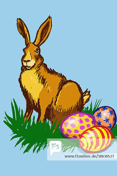 Illustration von Osterhase und Eiern auf blauem Hintergrund