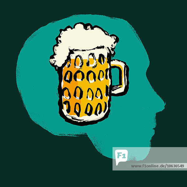 Illustration eines Pintglases Bier im menschlichen Kopf vor grünem Hintergrund