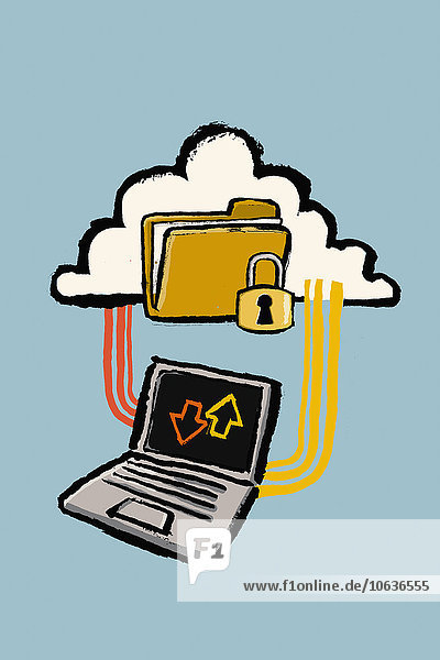 Abbildung eines an die Cloud angeschlossenen Laptops mit geschütztem Ordner vor blauem Hintergrund