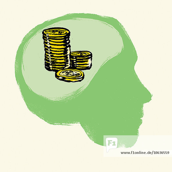 Abbildung von gestapelten Münzen im menschlichen Gehirn vor weißem Hintergrund