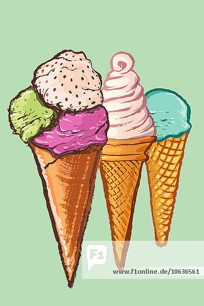 Illustration verschiedener Eistüten vor grünem Hintergrund