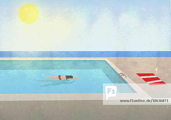 Illustration einer Frau  die am sonnigen Tag im Schwimmbad des Resorts schwimmt.