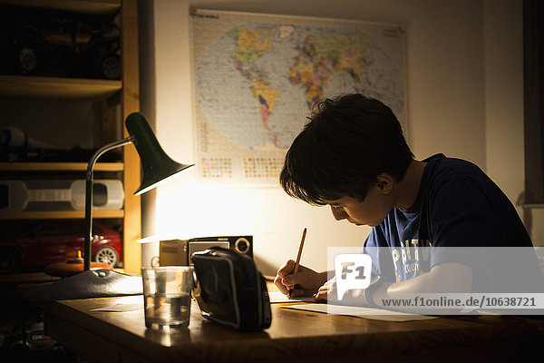 Teenage boy studying at table in house