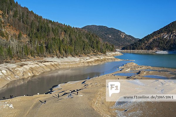 Sylvenstein Reservoir  low water with foundations of old buildings  Bavaria  Upper Bavaria  Germany  Europe