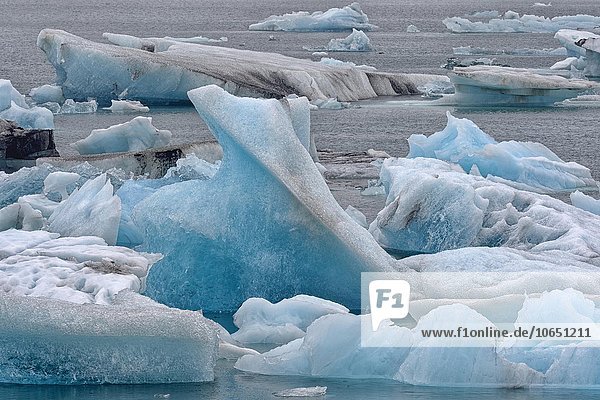 Treibende blaue Eisberge in der Gletscherlagune Jökulsarlon  Südisland  Island  Europa