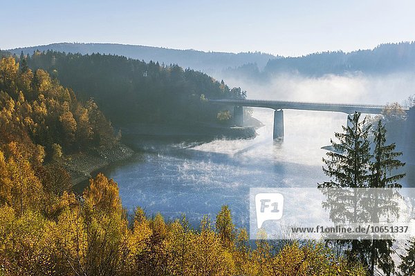 Morgennebel über der Bleilochtalsperre mit Wetterabrücke  bei Gräfenwarth  Thüringen  Deutschland  Europa
