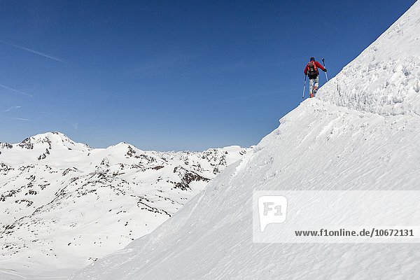 Ski tourers ascending Fineilspitze peak  Val Senales Glacier  Weißkugel behind  Val Senales  South Tyrol  Alps  Trentino-Alto Adige  Italy  Europe
