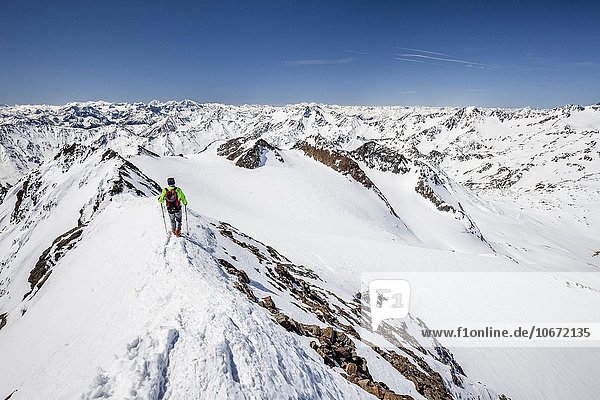 Skitourengeher beim Abstieg von der Finailspitze auf dem Gipfelgrat  Schnalstal  Meraner Land  Alpen  Südtirol  Trentino-Südtirol  Italien  Europa