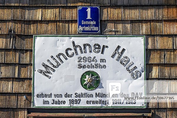 Sign and house number  Münchner Haus mountain refuge  Zugspitze  Garmisch-Partenkirchen  Wetterstein  Alps  Upper Bavaria  Bavaria  Germany  Europe