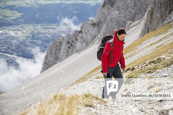 Hiker  woman hiking at Goetheweg  Karwendel  Innsbruck  Tyrol  Austria  Europe