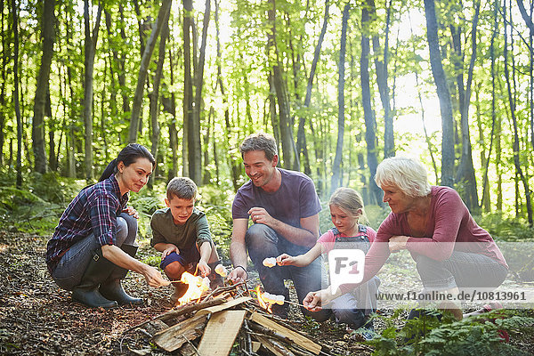 Mehrgenerationen-Familienbraten von Marshmallows am Lagerfeuer im Wald