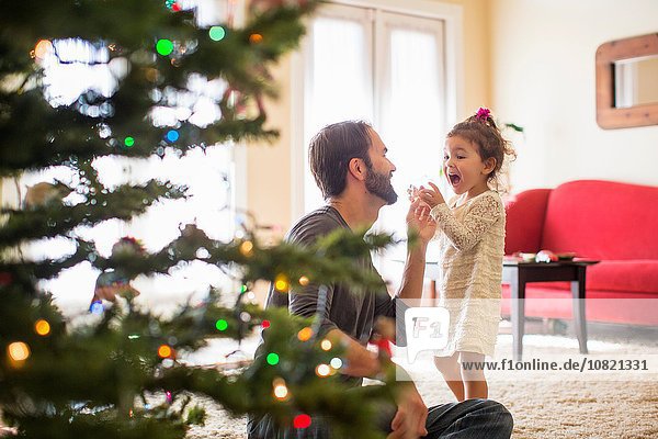 Vater und Tochter schmücken den Weihnachtsbaum