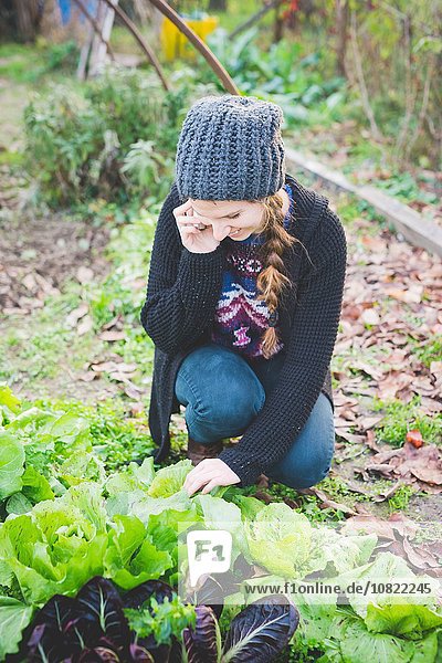 Young woman crouching in vegetable patch checking lettuce  using cellular phone smiling