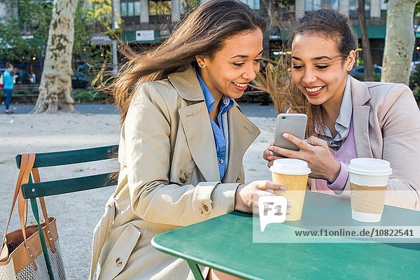 Junge erwachsene Zwillinge mit Kaffee zum Mitnehmen beim Lesen von Smartphone-Texten im Stadtpark