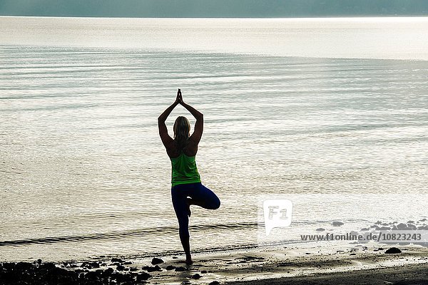 Silhouetted rear view of young woman practicing yoga standing tree pose on beach