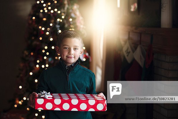 Junge vor dem Weihnachtsbaum hält Geschenk und schaut lächelnd in die Kamera