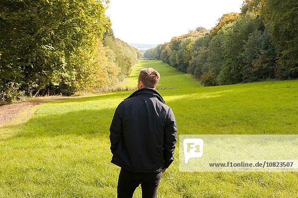 Rückansicht des jungen Mannes mit Blick auf die Landschaft  Great Missenden  Buckinghamshire  U.K.