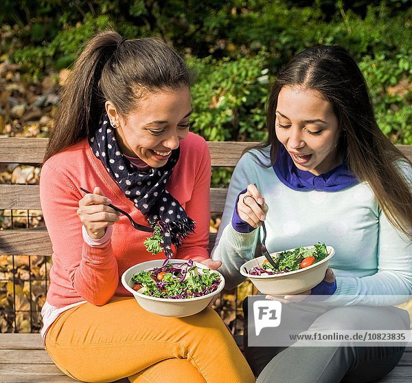 Junge erwachsene weibliche Zwillinge sitzen auf der Parkbank und plaudern und essen zu Mittag.