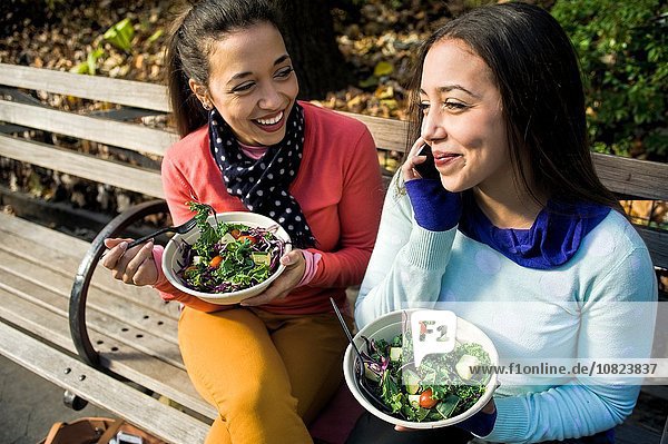 Young adult female twins sitting on park bench chatting on smartphone and eating lunch