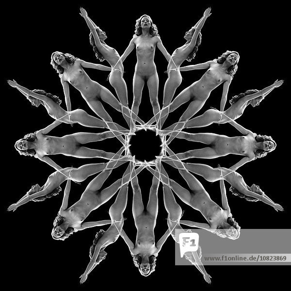 B&W multiple image kaleidoscope of nude woman against black background