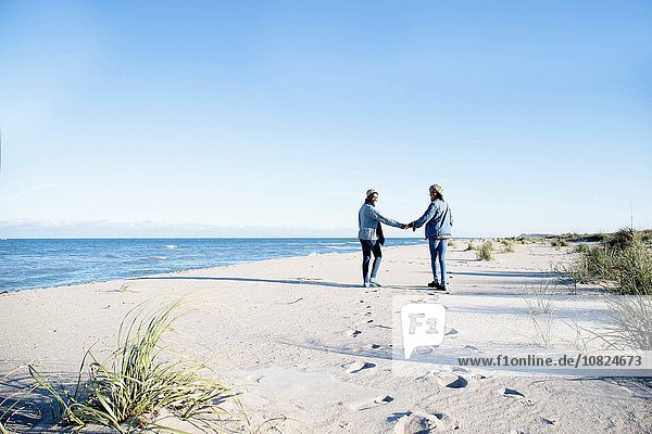 Zwei junge Frauen  die am Strand entlanggehen  Händchen haltend  Rückansicht