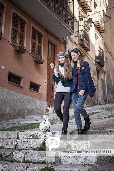 Low angle view of young women with dog walking down stone steps arms in arm smiling