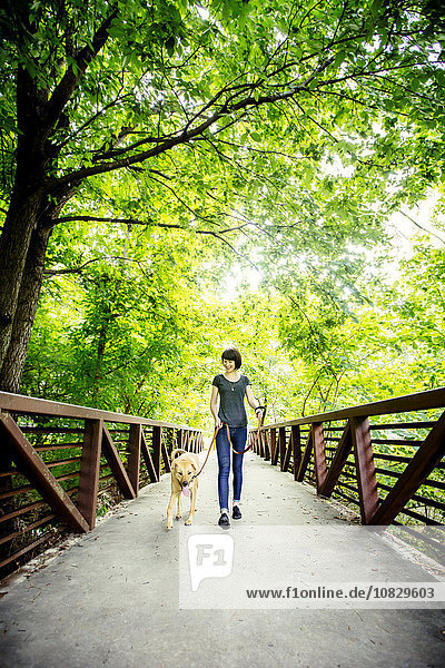 Kaukasische Frau führt Hund auf Brücke aus