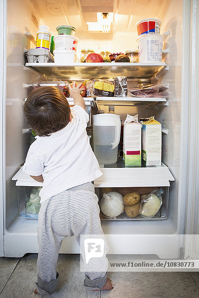 Gemischtrassiges Baby erforscht Kühlschrank
