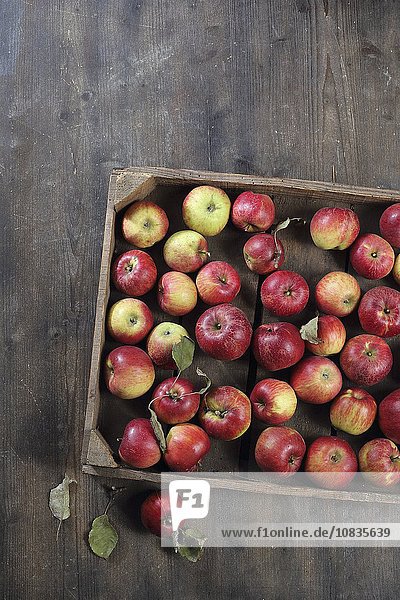 Rote Äpfel in Holzkiste (Aufsicht)