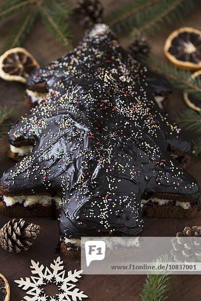 Weihnachtsbaum-Lebkuchen mit Schokoladenglasur und bunten Zuckerstreuseln
