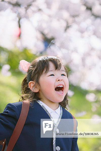 Young smiling Japanese girl enjoying cherry blossoms in a city park