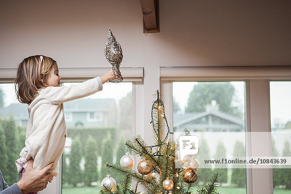 Kleinkind Mädchen setzt Stern auf Weihnachtsbaum