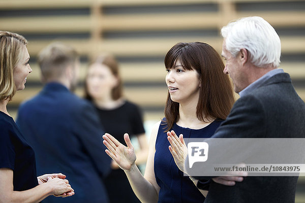 Businesswoman gesturing and talking to colleagues