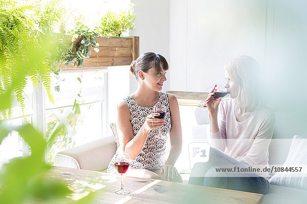 Frauen trinken Wein und reden auf dem Cafe-Sofa