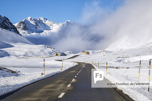 Die Strasse führt durch das schneebedeckte Tal  Albulapass  Engadin  Graubünden  Schweiz  Europa