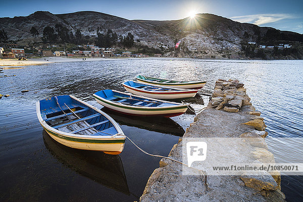 Boats in the harbour on Lake Titicaca at Challapampa village  Isla del Sol (Island of the Sun)  Bolivia  South America