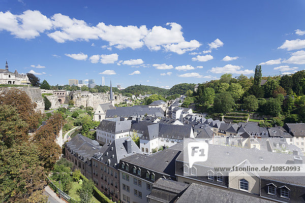 View over the old town with Neumunster Abbey  UNESCO World Heritage Site  in the background EU buildings on Kirchberg District  Luxembourg City  Grand Duchy of Luxembourg  Europe