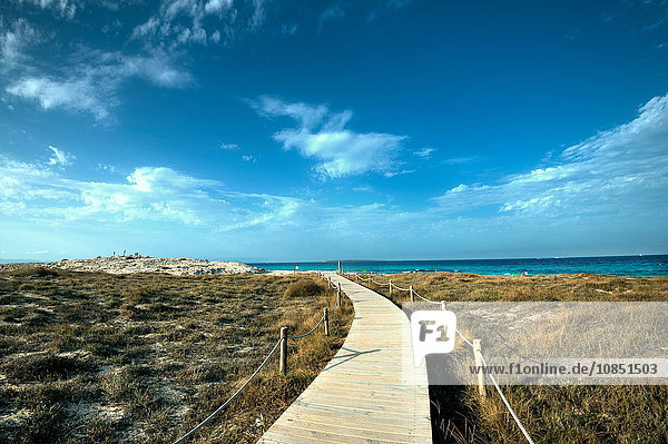 Strandpromenade  die zum Horizont und zum Infinity Beach auf Formentera  Balearen  Spanien  Mittelmeer  Europa führt