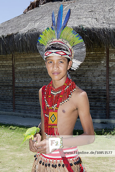 A Pataxo indigenous Brazilian boy from southern Bahia in traditional dress  Bahia  Brazil  South America