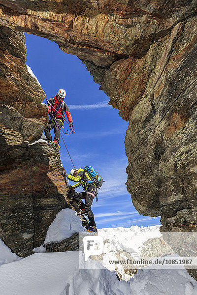 Bergsteiger auf den Felsen mit den schneebedeckten Gipfeln der Alpen im Hintergrund  Stilfserjoch  Valtellina  Lombardei  Italien  Europa