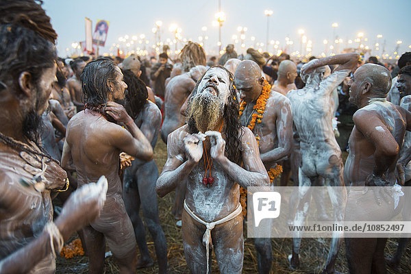 Sadhus nach dem Bad am heiligsten Tag des Jahrzehnts bei der Maha Kumbh Mela  Allahabad  Uttar Pradesh  Indien  Asien