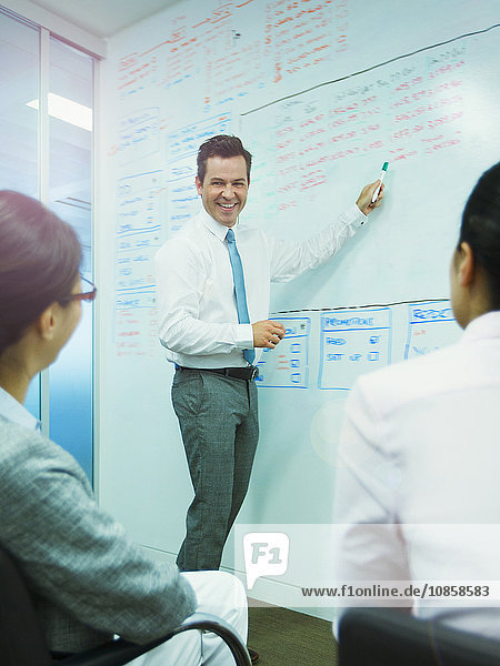 Businessman leading meeting at whiteboard in conference room