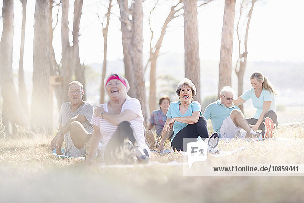 Lächelnde Senioren beim Yoga im sonnigen Park