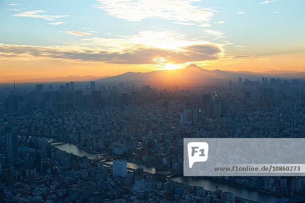 Erhöhte Ansicht des Stadtbildes mit Sonnenuntergang über dem Berg Fuji  Tokio  Japan