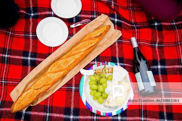 Frisches Brot  Trauben und Wein auf Picknickdecke  Draufsicht
