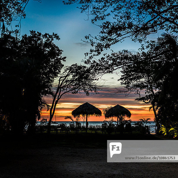 Silhouettierte Sonnenschirme bei Sonnenuntergang  Tamarindo-Strand  Guancaste  Costa Rica
