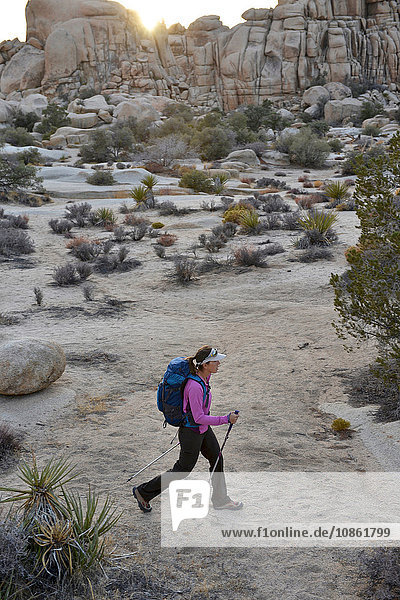 Hiker exploring Mojave Desert Joshua Tree National Park California